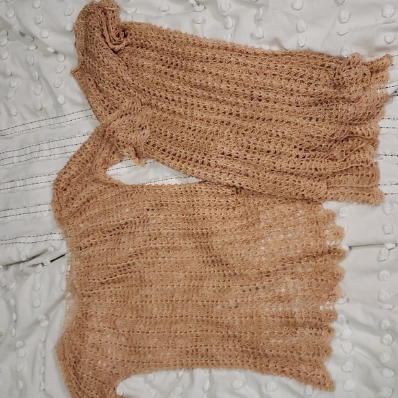 Vintage homemade knit crochet gold 2 pc short sleeve and skirt medium - Picture 1 of 5